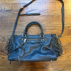 Rebecca minkoff Fringe Black Leather Handbag with long strap medium size